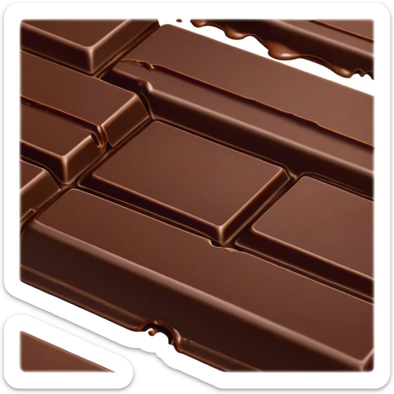 Cinematic silky dark chocolate bar, broken into perfect squares, rich cocoa tones, slightly melting edges, fine texture and decadent shine, warm golden highlights, tempting and rich. sticker