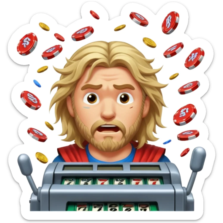 disheveled Thor losing money at a slot machine, panicked face, coins flying sticker