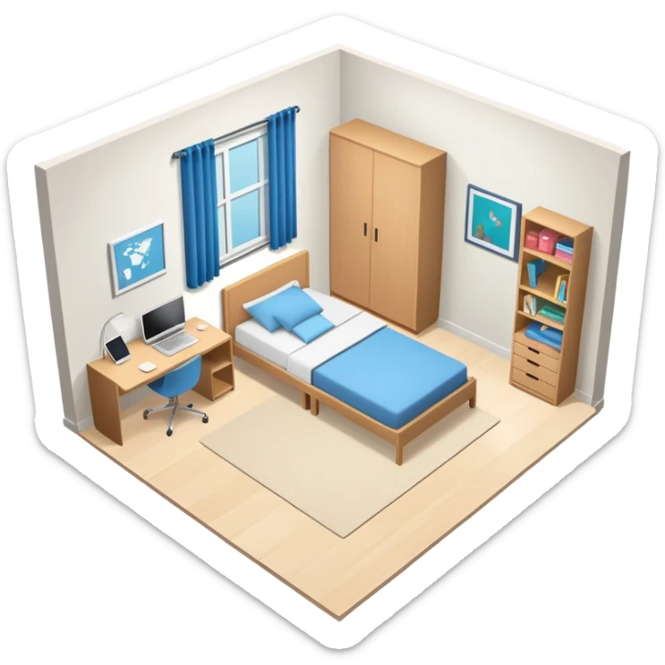 top-down view of teenage bedroom layout with bed, desk, closet, and storage sticker