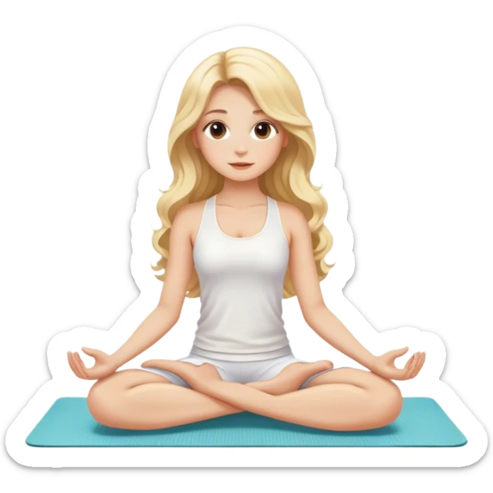 blonde long curled hair beautiful girl in white clothes sitting on a white yoga mat sticker