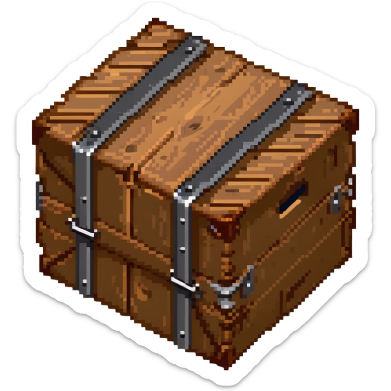 Wooden crate with metal reinforcements, color #c2410c with darker wood grain, visible wood grain texture, metal bands across the crate, slight 3D effect with shading, breakable appearance, small warning symbol, 32x32 pixels sticker