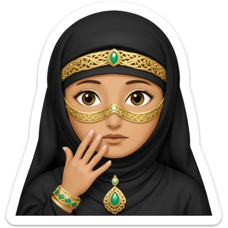 an old emirati women wearing traditional cloths covers her face with burg'a a;; the cloths and burqa'a are black sticker