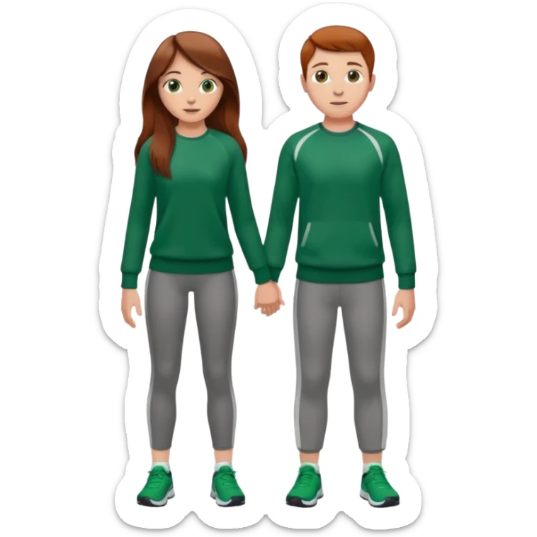 full-length couple, girl with long brown hair and hazel eyes in green sweater, boy with auburn hair in sportswear sticker