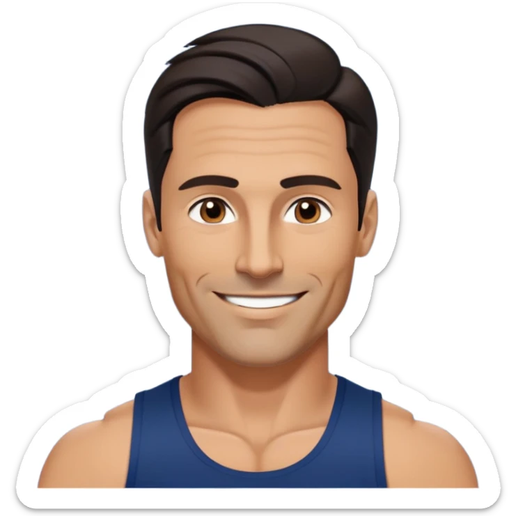 Fit 40-year-old man with tanned skin, long face, chiseled jawline. Attractive features with dark eyes, well-defined arched eyebrows, straight nose. Confident smile. Medium-length wavy dark hair styled in contemporary fashion. Wearing a dark blue tank top. sticker