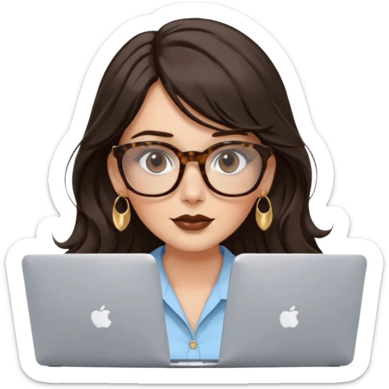 A white woman with long wavy dark brown hair and a whispy bang, wearing thick tortoise SQUARE glasses, gold drop earrings. She has long lashes and a nude browny glossy lipstick. She's wearing an oversize light blue shirt with white vertical strips. She's working on a laptop sticker