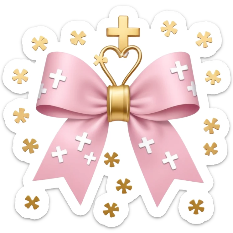 super pale pink bow confetti but the paper confetti are the pale pink bows all spread out with white tiny glitter and then with golden crosses on it and a white band in the mjddle sticker