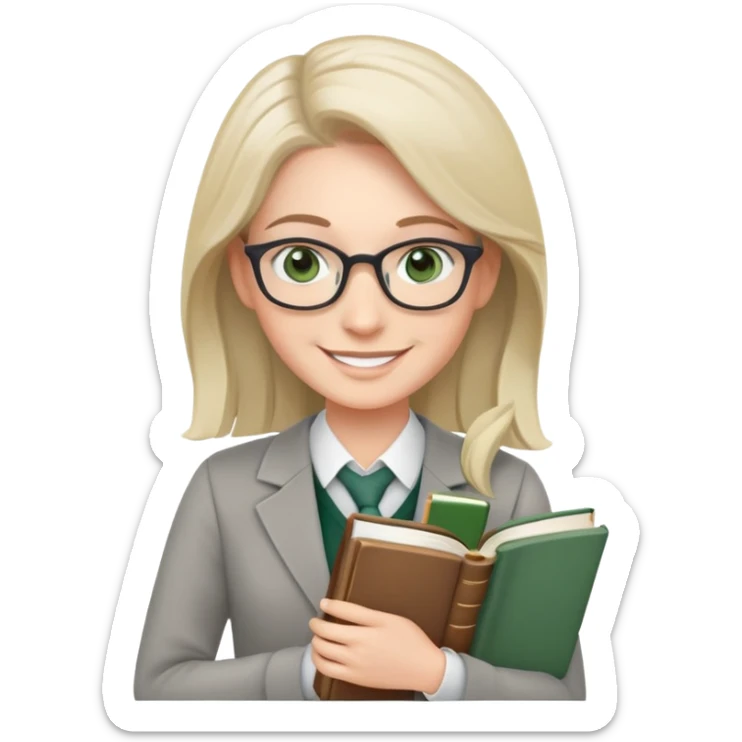 smiling English teacher with airtouch hair and grey-green eyes holding books and teaching materials sticker