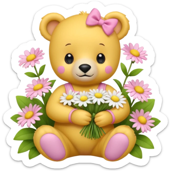 cute yellow bear cub with a pink bow on its head, wearing a pink onesie, sitting and holding a bouquet of daisies, surrounded by flowers, soft and rounded shapes, pink background, 3D iOS Apple emoji style sticker