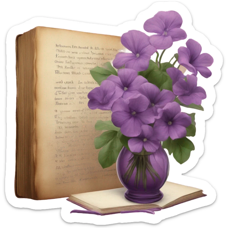An aesthetic arrangement of a violet vintage book and pink flowers in a glass vase, surrounded by antique letters sticker