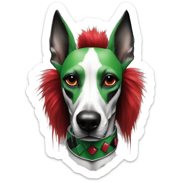 Edgy Punk dog spiked collar tattoos Green gray black red punk dog Harley Quinn as a dog mime clown harlequin facepaint tattoos punk lurcher surrealism  sticker