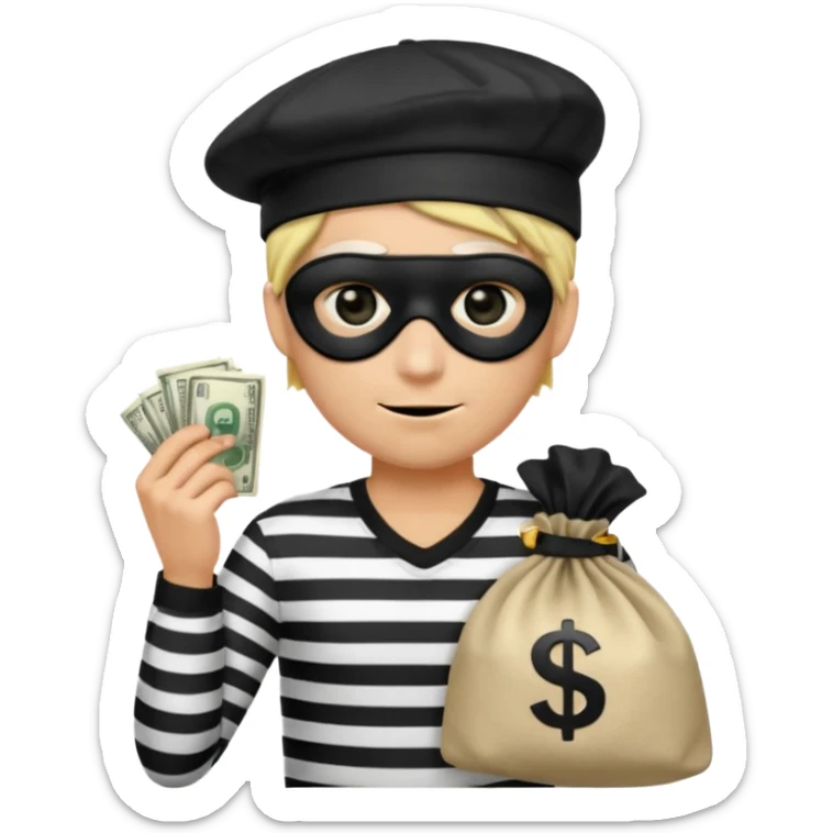 Realistic ios emoji-style portrait of a classic burglar, a black eye mask and a black-and-white striped shirt. emoji-like hair, black hat, a bag of money 💰 with a dollar sign in a right corner, evil expression  sticker