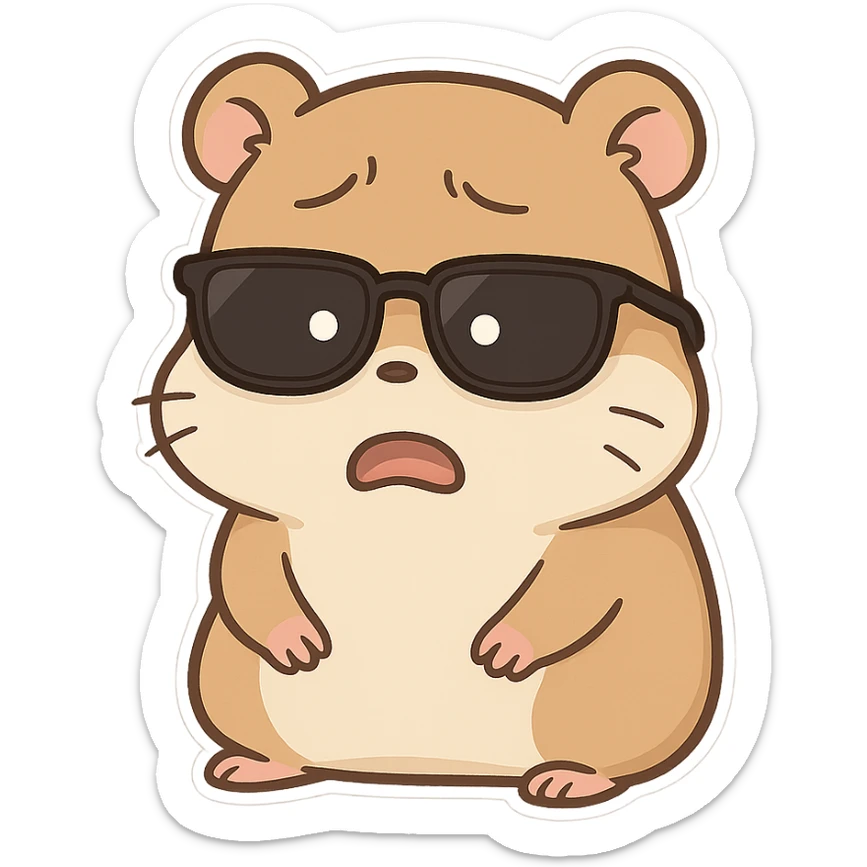 A hamster wearing sunglasses, the sunglasses have slipped down to the bottom of the eyes, the hamster has a dull look, is frightened, and looks incredulous sticker