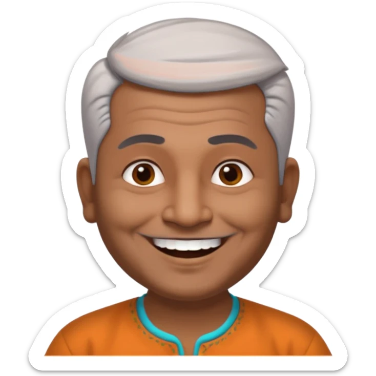 50 yr old indian man, dark skin, grey hair, big smile, white teeth, chubby, no moustache, clean shaven, young style hair, bindy, hair brushed up sticker