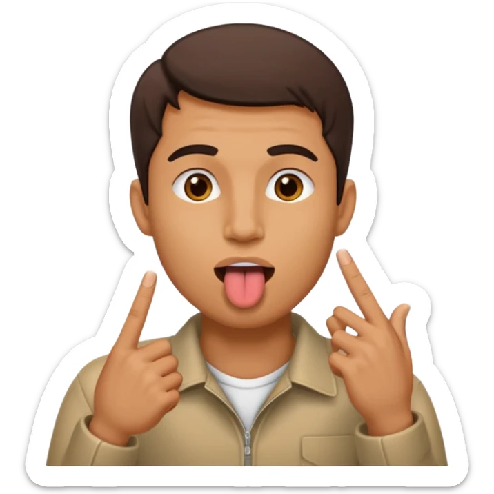 Man making v shape with fingers to mouth and tongue sticking out of mouth sticker