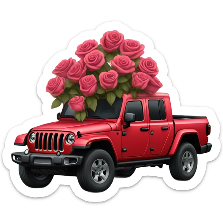 Realistic Red Jeep Gladiator with the truck bed full of different shades of red and pink roses. sticker
