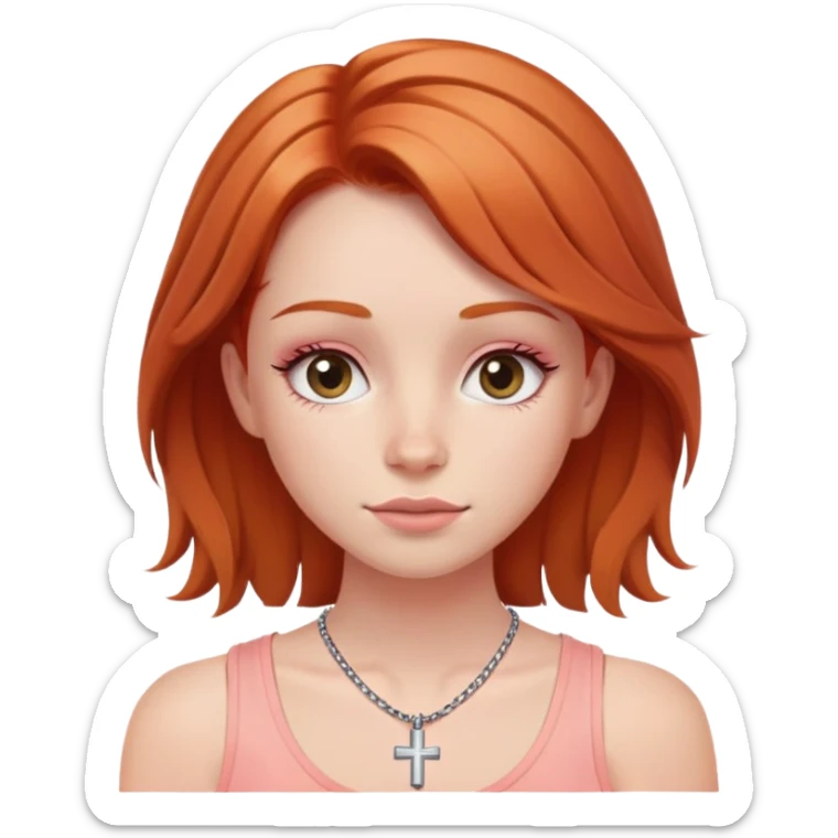 Auburn ginger haired girl with eyelashes wearing a cross necklace and a light coral pink tank top sticker