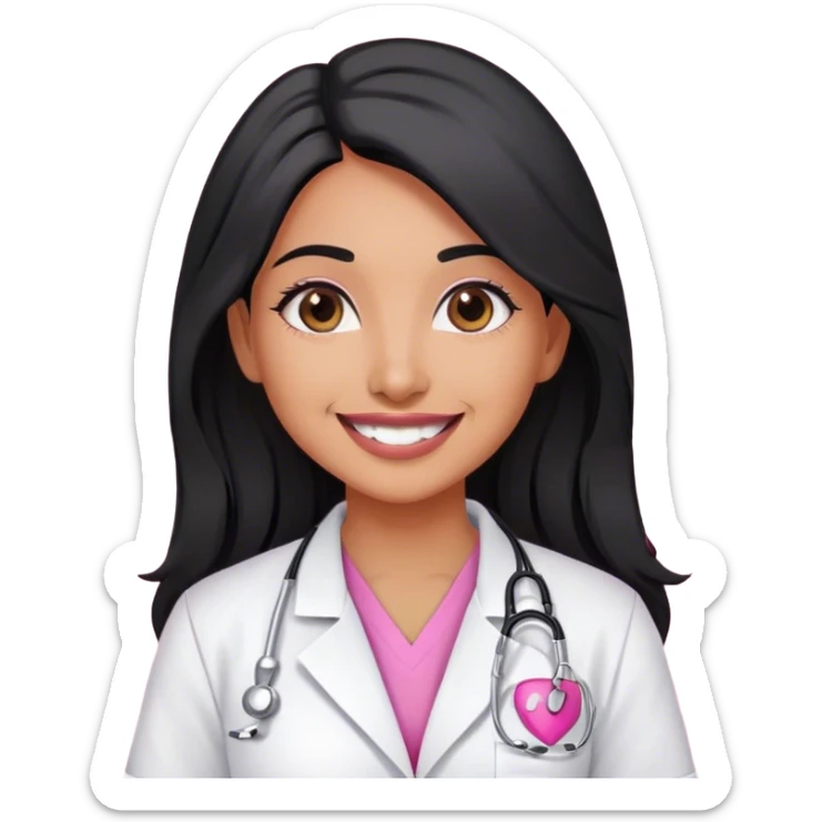 Indian doctor female with olive skin wearing pink scrubs and lab coat with black long hair and smile  sticker