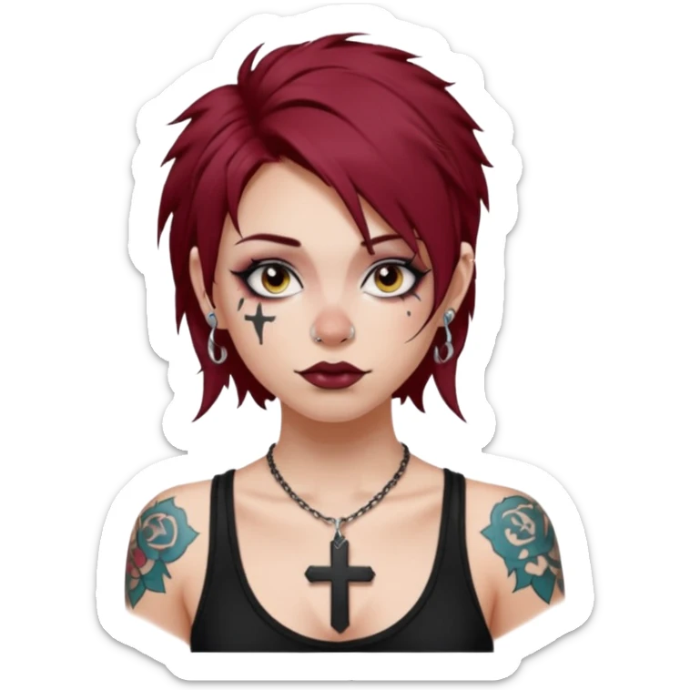 generate an ios genmoji of a girl with dark red messy hair with eyeliner on, septum piercing, wearing a cami black top, has tattoos, ear piercings, wearing a cross silver necklace sticker