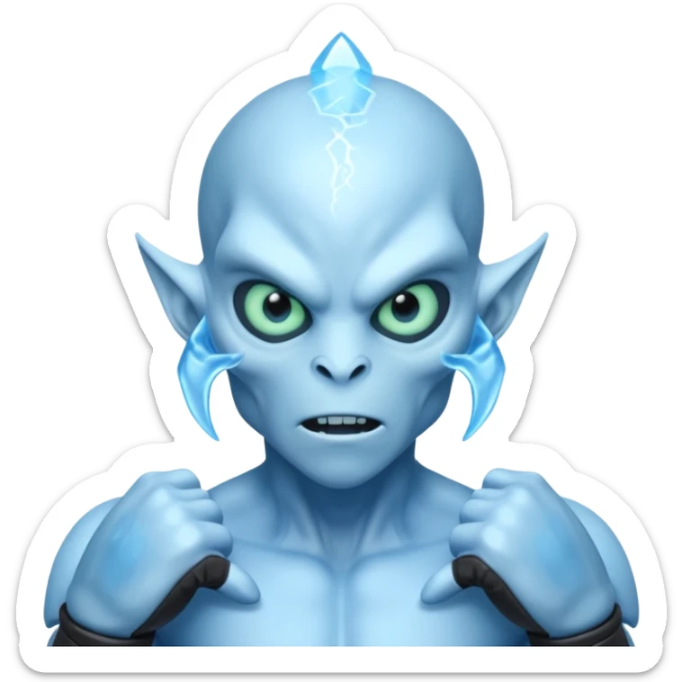 ice alien MMA fighter portrait, head and shoulders only, icy blue skin, frost aura, glowing cold eyes, combat gloves, 3D cartoon, mobile game icon style, clean background, no text, no watermark
 sticker