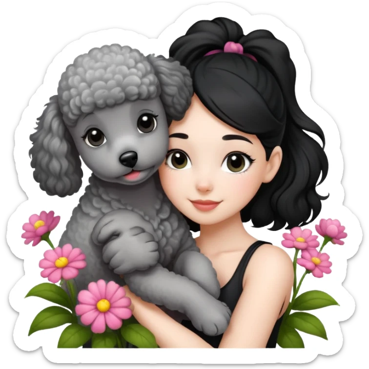 A beautiful girl with black ponytail happily hugs a gray poodle in the flowers sticker