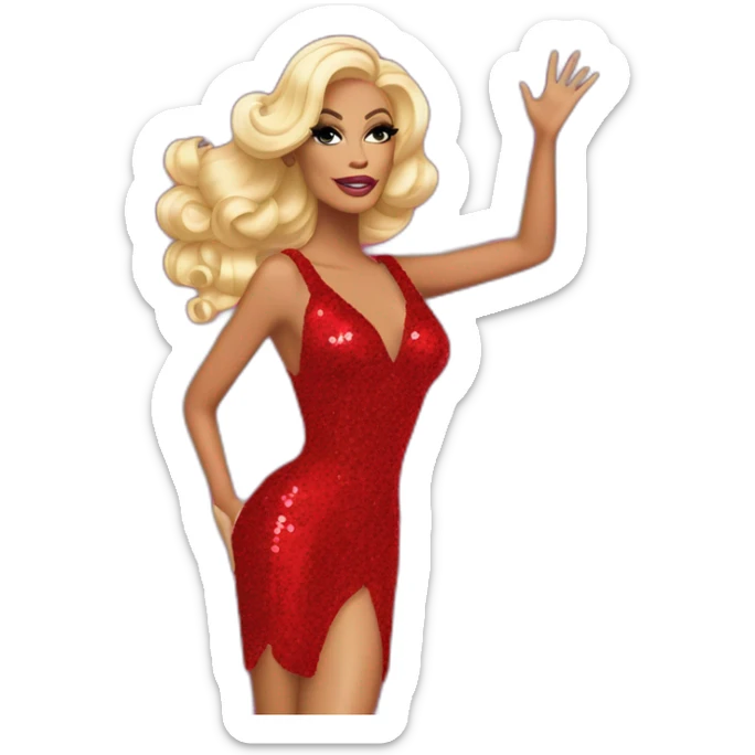 Rupaul’s drag race, drag queen, red sequin dress, holding right arm in the air sticker