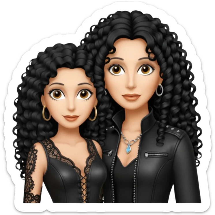 realistic cinematic singer Cher in a typical naked attractive outfit with leather and lace, huge curly hair like in the video If I Could Turn Back Time sticker