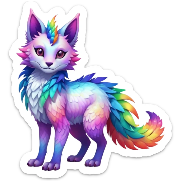 Kawaii neon colorful with feathers-ears rainbow iridescent fantasy ethereal feline-vernid-sergal-fursona animal creature with a tufted tail full body with intricate markings sticker