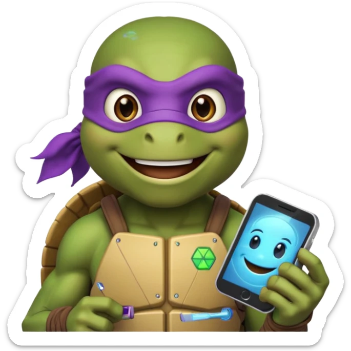 Donatello from Teenage Mutant Ninja Turtles, emoji style, holding a hologram device and smiling sticker