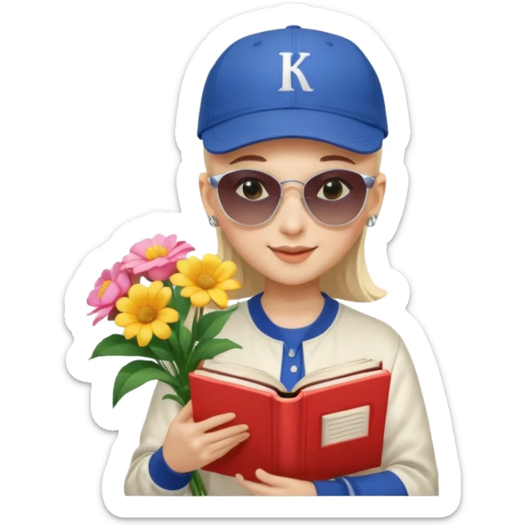 ["A happy girl with light skin, bald, wearing a baseball cap and sunglasses, dressed in K-pop fashion, is reading a book while holding a flower bouquet."] sticker