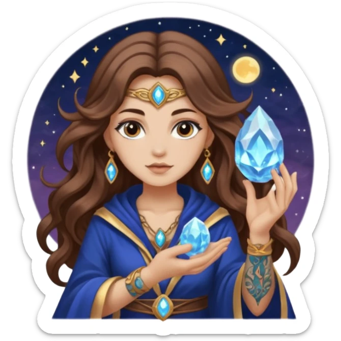 crystal moon mage woman long wavy brown hair tattoos small geode sticker