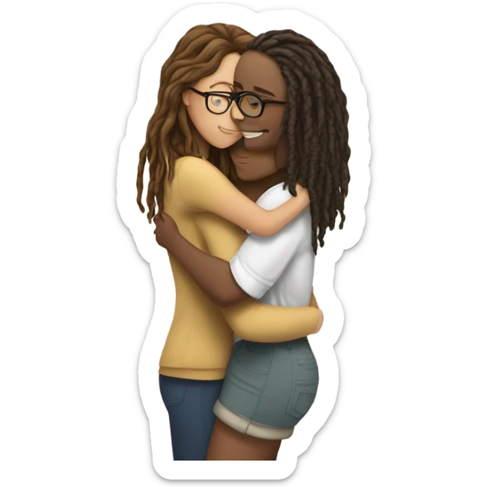 Tan girl with glasses and locs hugging a white girl with brown wavy hair sticker
