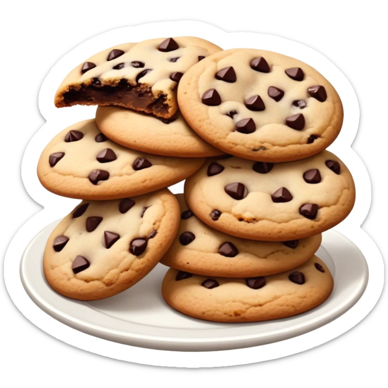Cinematic Realistic Cookies Dessert Emoji, showcasing a plate of freshly baked cookies with gooey chocolate chips rendered with lifelike textures and warm, homey lighting. sticker