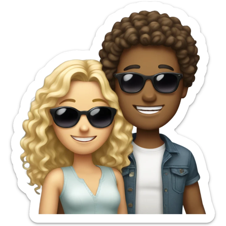 happy long curly hair brunette boy in sunglasses and happy blonde girl sticker