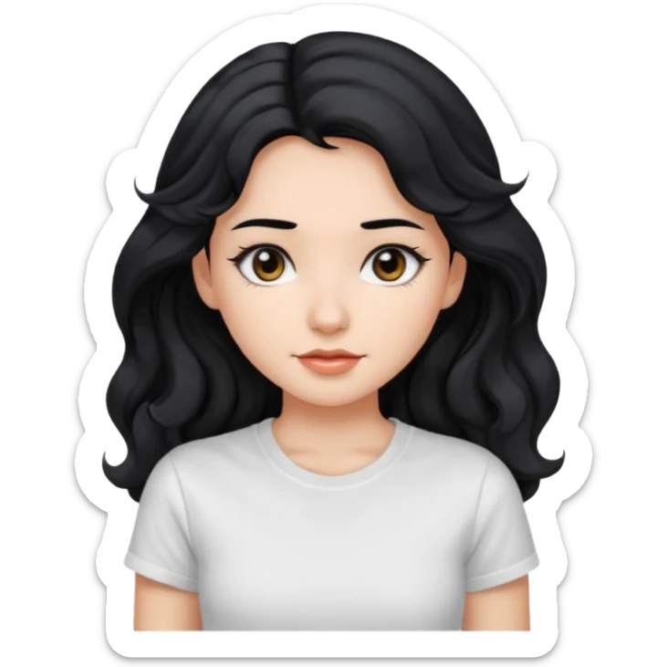 Beautiful girl,Black hair,wavy hair，long hair,Black eyes, white T-shirt sticker