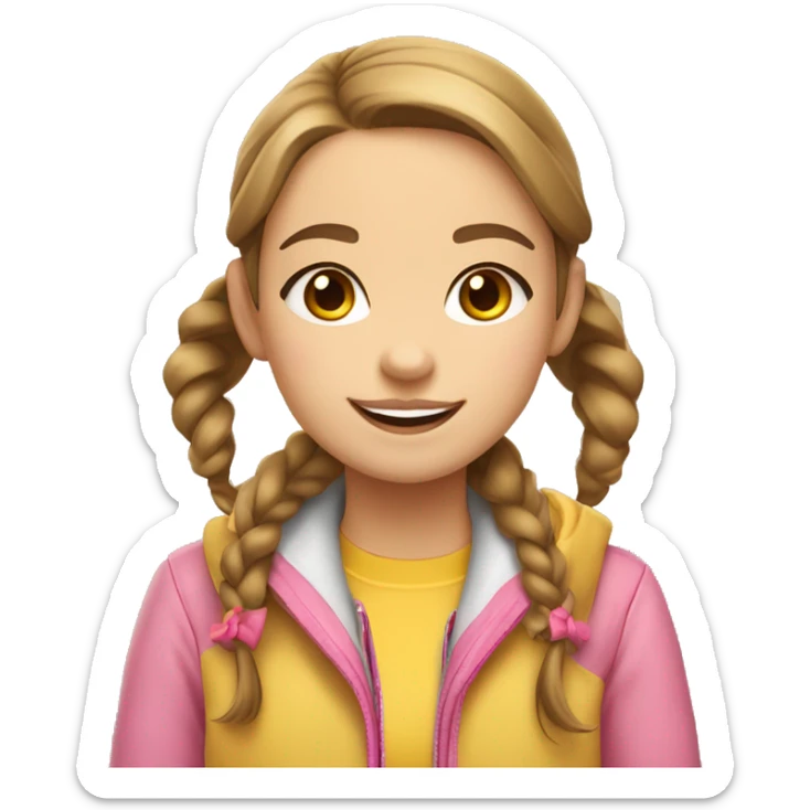 A girl with a smile, blue eyes, light skin, brown pigtails and two pink bows, in a yellow jacket sticker