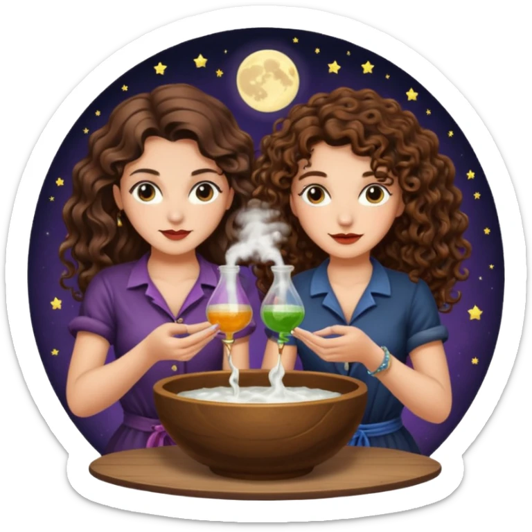 moon bowl mixing — long wavy brown hair tattooed woman and short tight curly brown hair woman — potion scene sticker