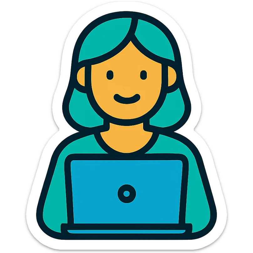 Icon style illustration of a teal woman at a laptop, minimal design, with a subtle smile, matching the reference image. sticker