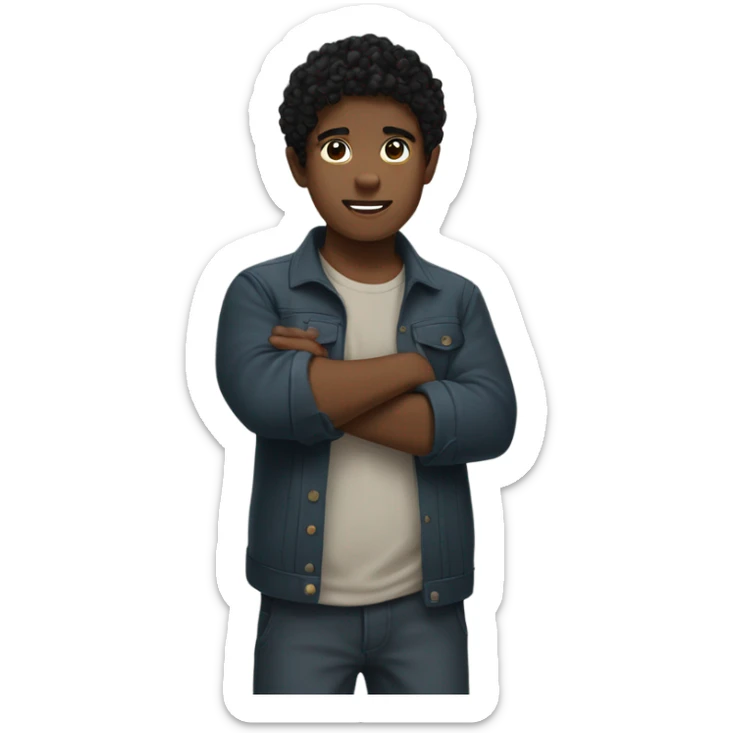 boy with short curly black hair, one hand is in a fist in front of his body, another hand is wrapped around it sticker