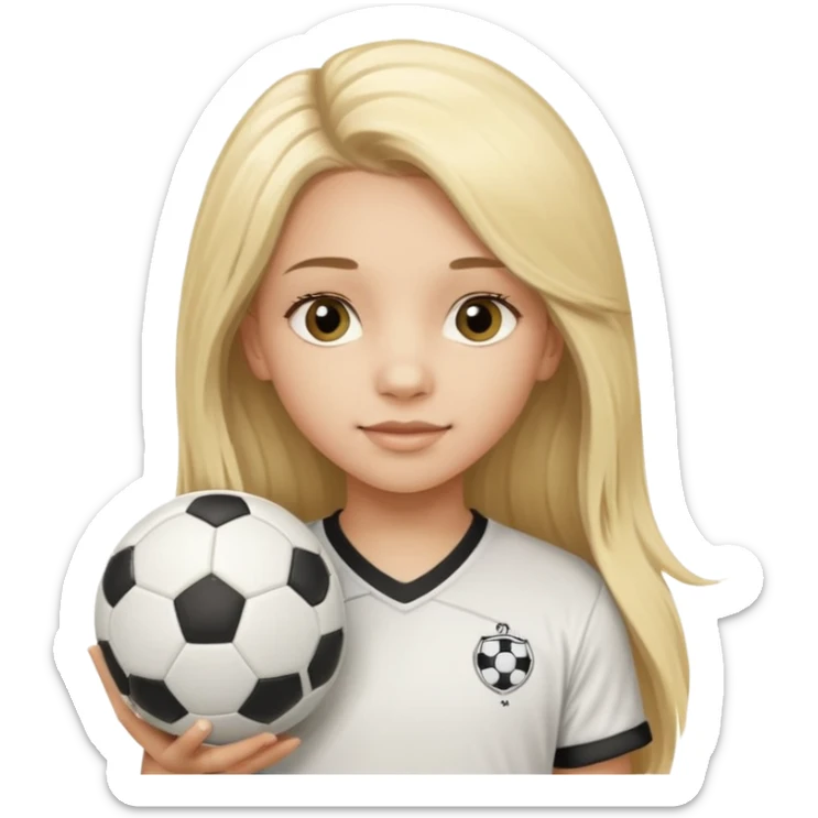 A girl with long light blonde hair with long eyelashes that looks around 13 years old with a soccer ball sticker