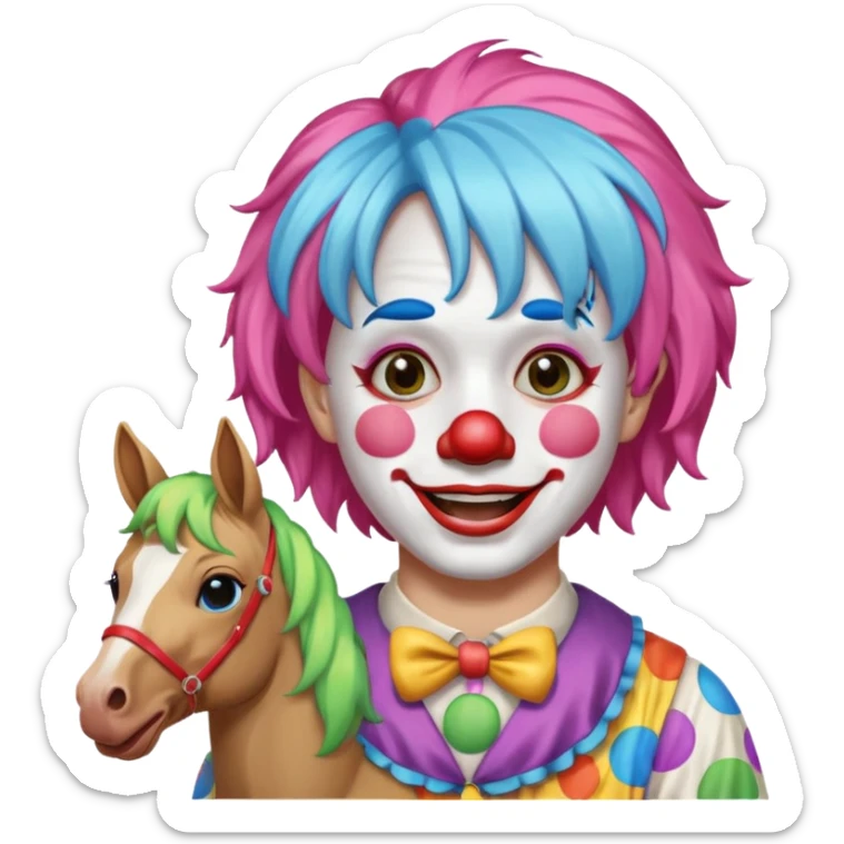 a crying but smiling and showing a peace sign clown face riding a horse sticker