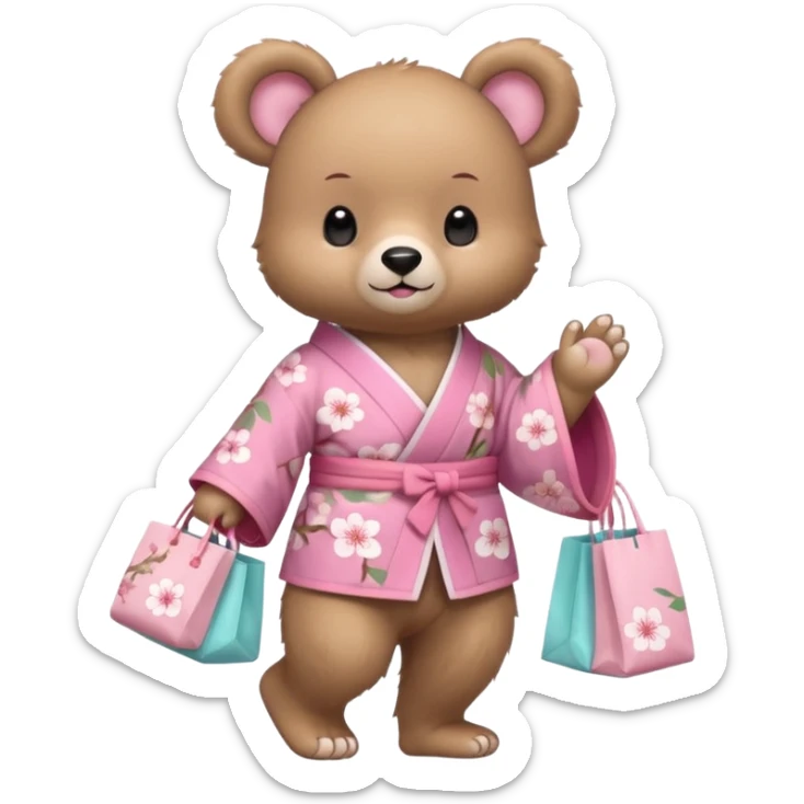 A cute baby bear character in pastel style, standing upright like a human. 
Light brown soft fur, large round ears, rounded paws and feet. 
Wearing a pink kimono with soft cherry blossom patterns on the sleeves and bottom, Holding a cute pastel shopping bag with one paw, walking pose. sticker
