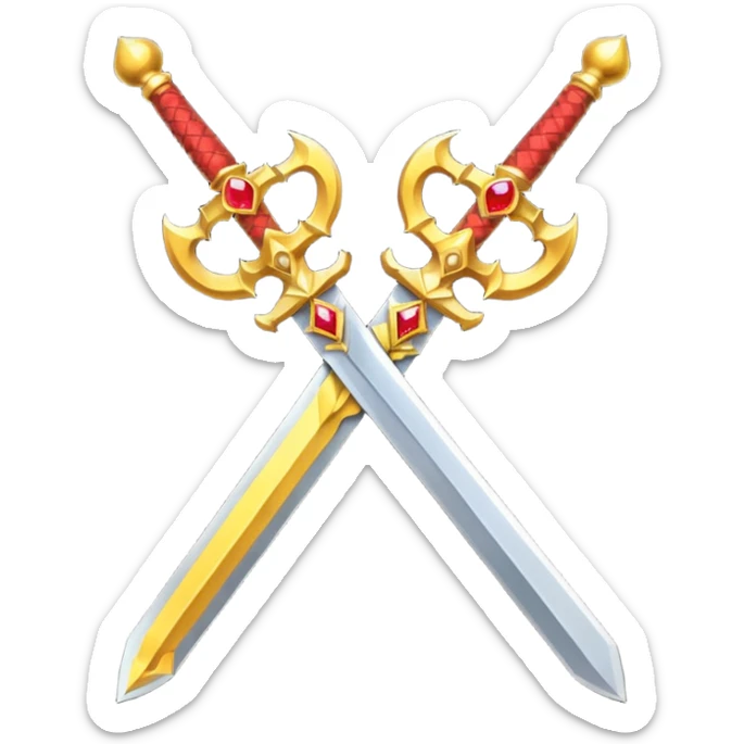 Two crossed swords that are golden in blade and handle and have fiery and royal appearence to them as well as red gem stones yellow in color sticker