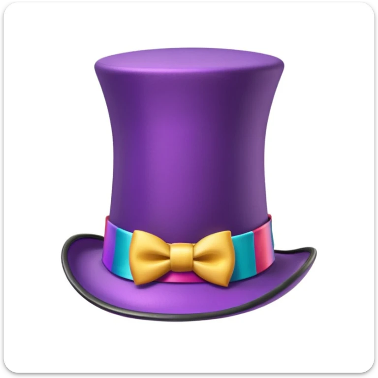 3D emoji of a tall purple top hat, vintage style, glossy finish, wide brim, colorful ribbon, whimsical and elegant, inspired by Willy Wonka, Apple-style cartoon, soft shadows, white background. sticker