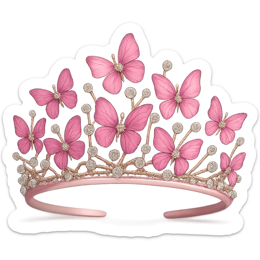 butterfly crown with a pink base, butterflies in pink enamel hues, sparkling gems, transparent background sticker