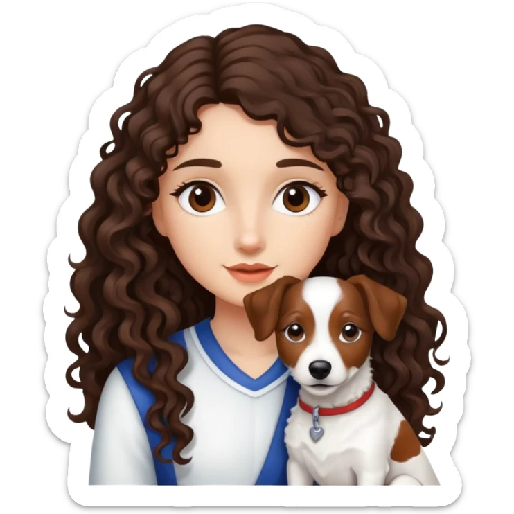 A girl whit dark brown long curly hair and a jack russel sticker