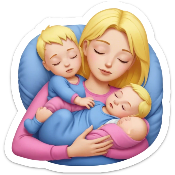 Mother holding baby, mother with yellow hair and pink clothes, baby in blue clothes is sleeping sticker