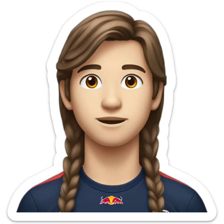 A 15 years old boy with long-brown hair and red bull  racing t-shirt sticker
