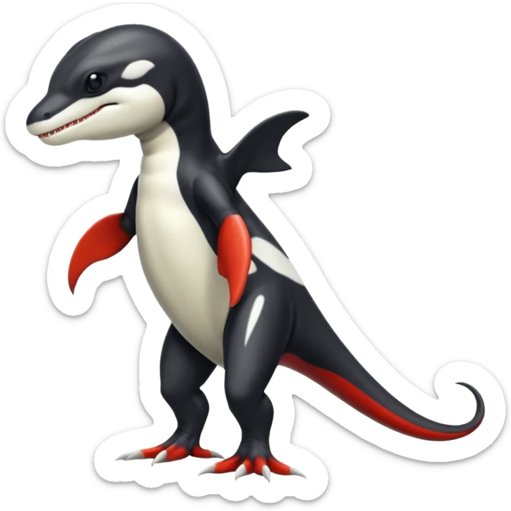 Black and white Orca-reptile-reptilian-lizard-skink-gecko-Digimon-Fakémon-hybrid full body, two legs, two arms, claws, tail, with red stripe sticker