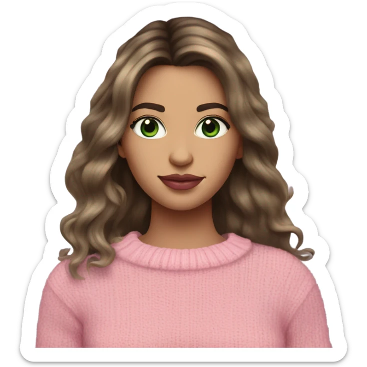 Brunette balayage long hair white woman green eyes pink sweater and pink lips  sticker