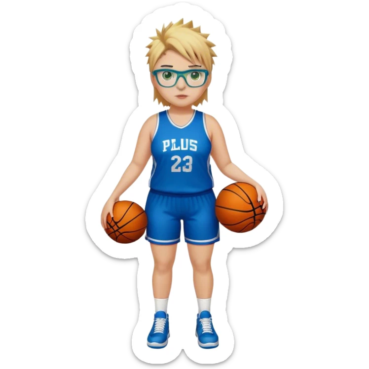 Full Body white plus size Girl with basketball spikey short brown and blonde hair  wearing blue glasses with green eyes wearing basketball uniform sticker